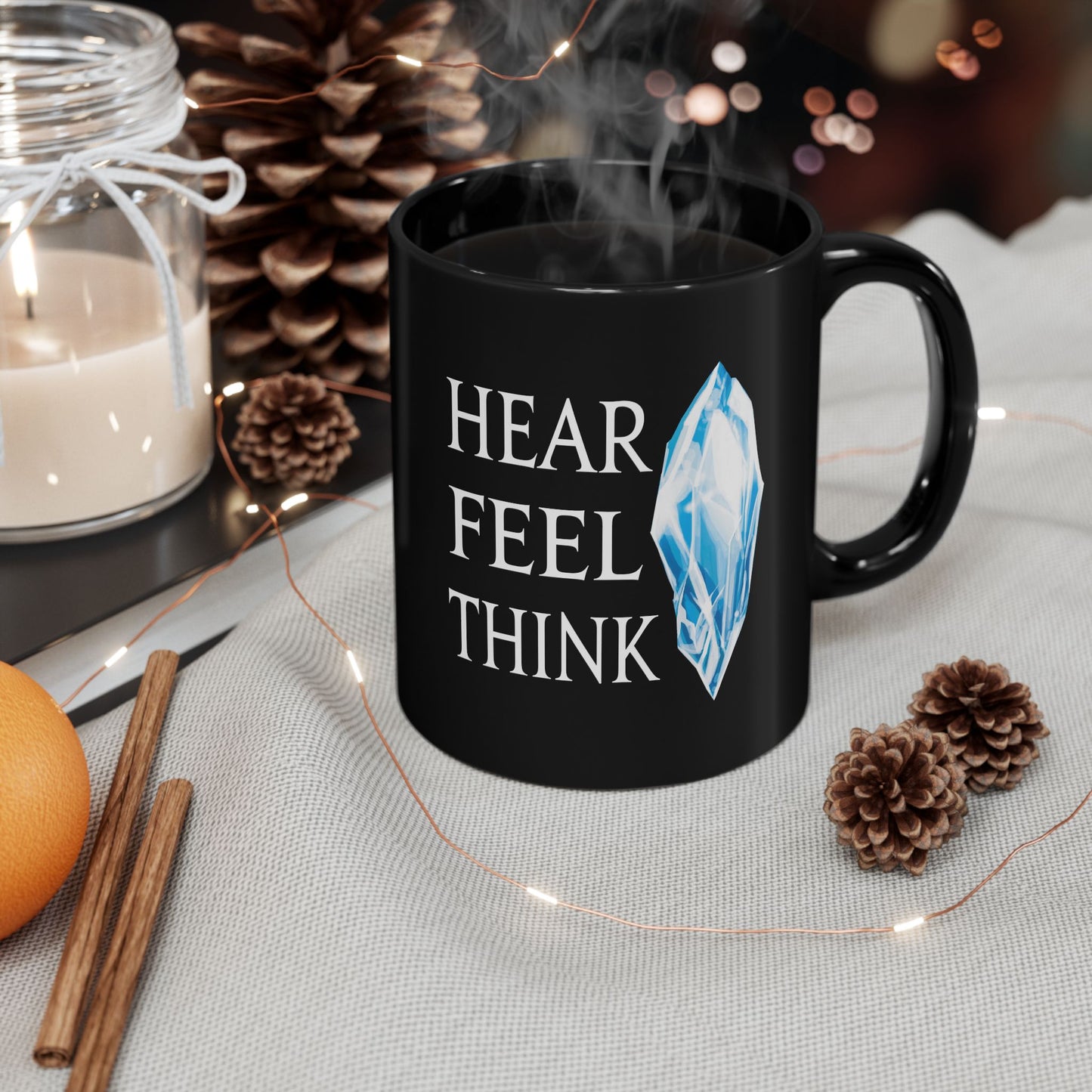 Hear Feel Think Hydaelyn FFXIV 11 & 15oz Black Mug
